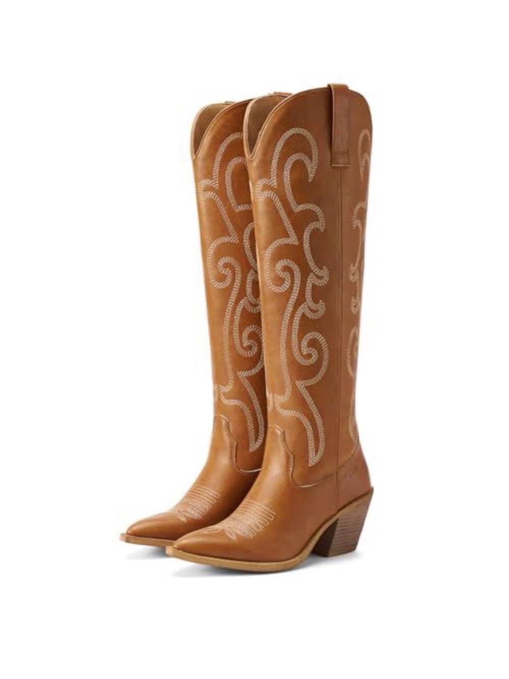 Rollda Cowboy Cowgirl Brown Tan Boots Embroidered Knee-High Side Zipper Women 7